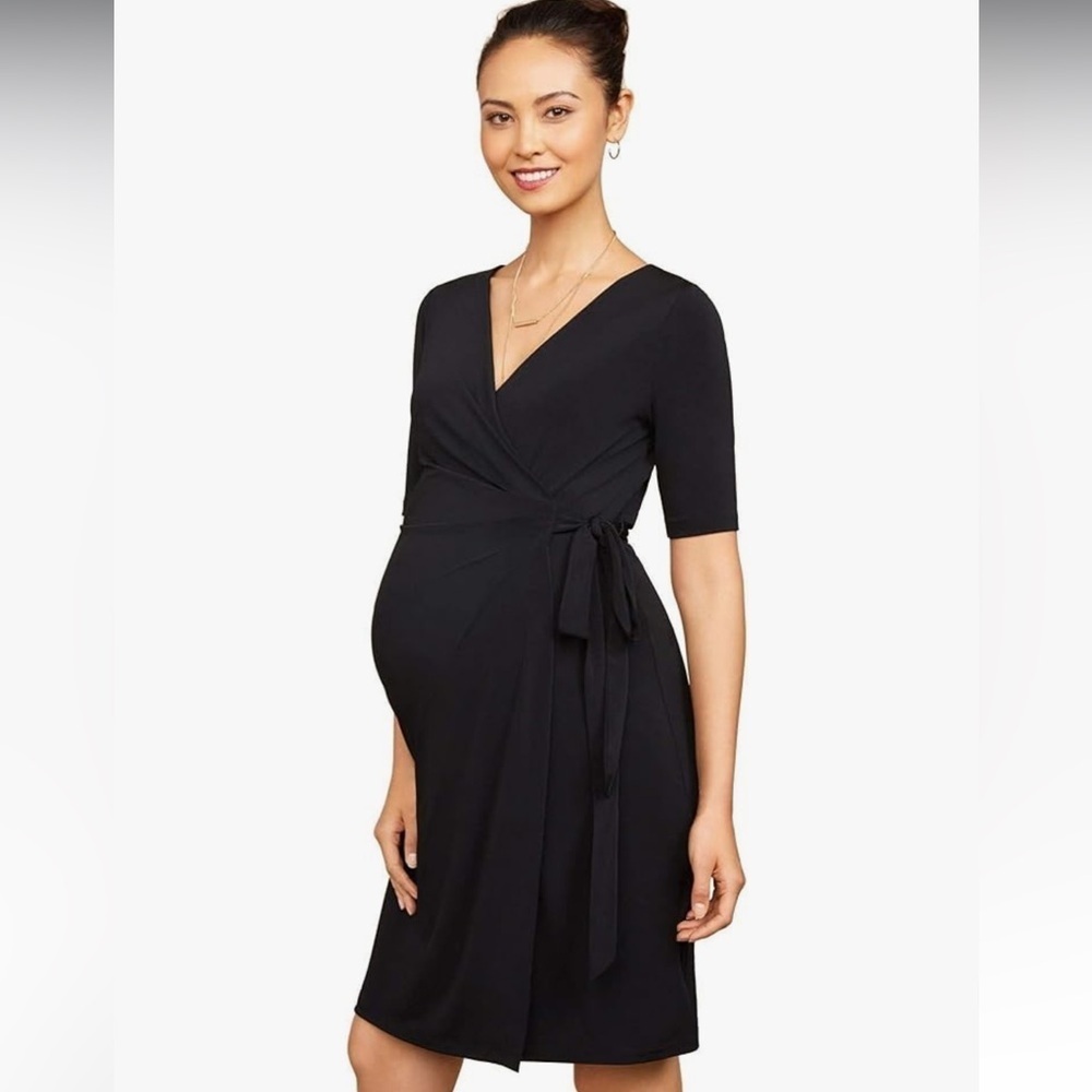 Oh Baby By Motherhood Black Elbow Sleeve Wrap Ity Dress W/ Waist Tie Size Medium